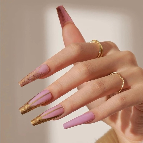 Pink Glitter Press On Gel Coffin Nails - Picture 3 of 12